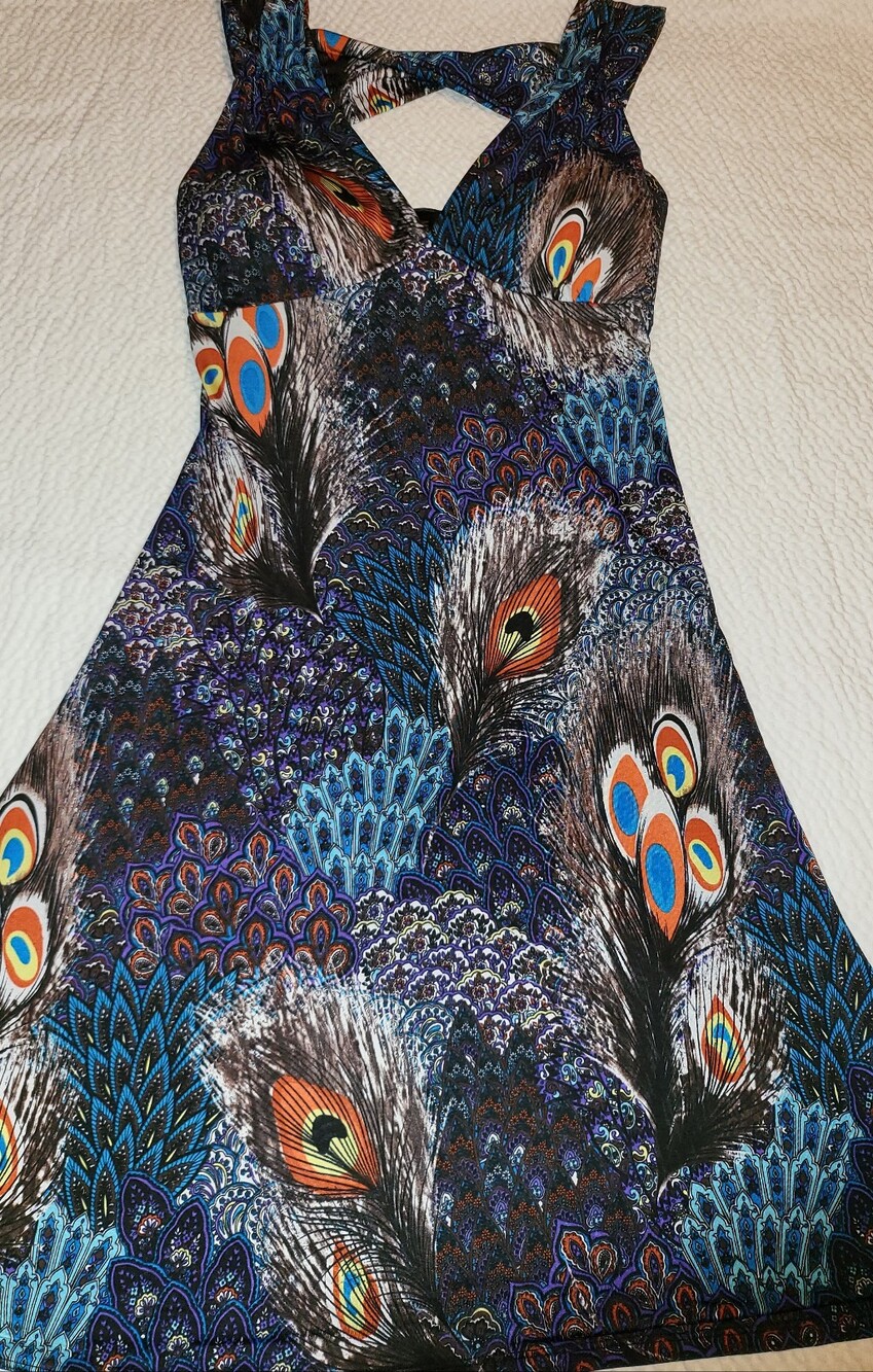 Peacock Print A-Line Midi Dress - Blue & Orange